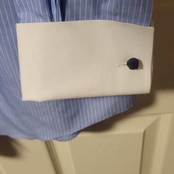 Brooks Brothers Dress Shirt With Cuff Links Sky Blue White Pin Stripes Sz 33 - Picture 2 of 4